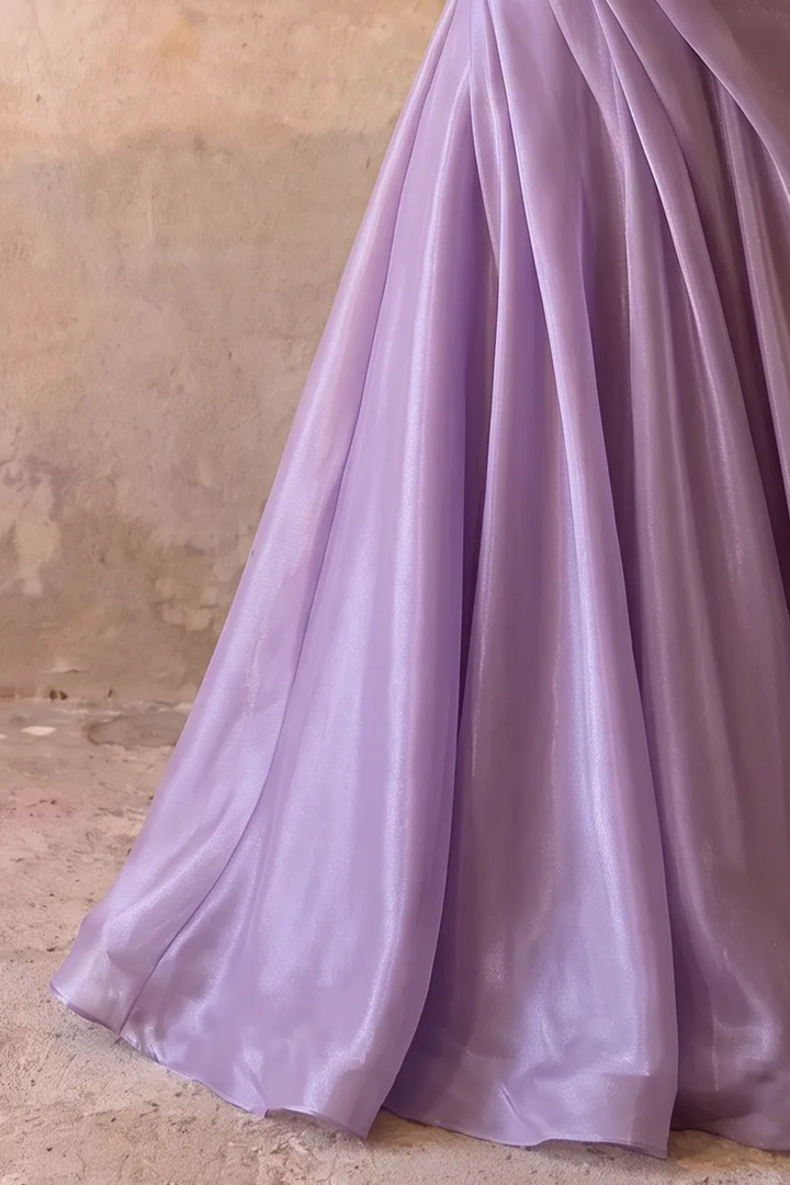 Lavender Satin Wedding Dress Off-Shoulder Puff Sleeve Draped A-Line Gown Plus Size