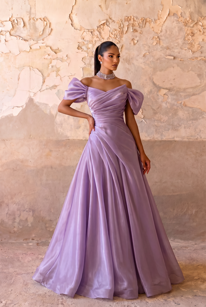 Lavender Satin Wedding Dress Off-Shoulder Puff Sleeve Draped A-Line Gown Plus Size