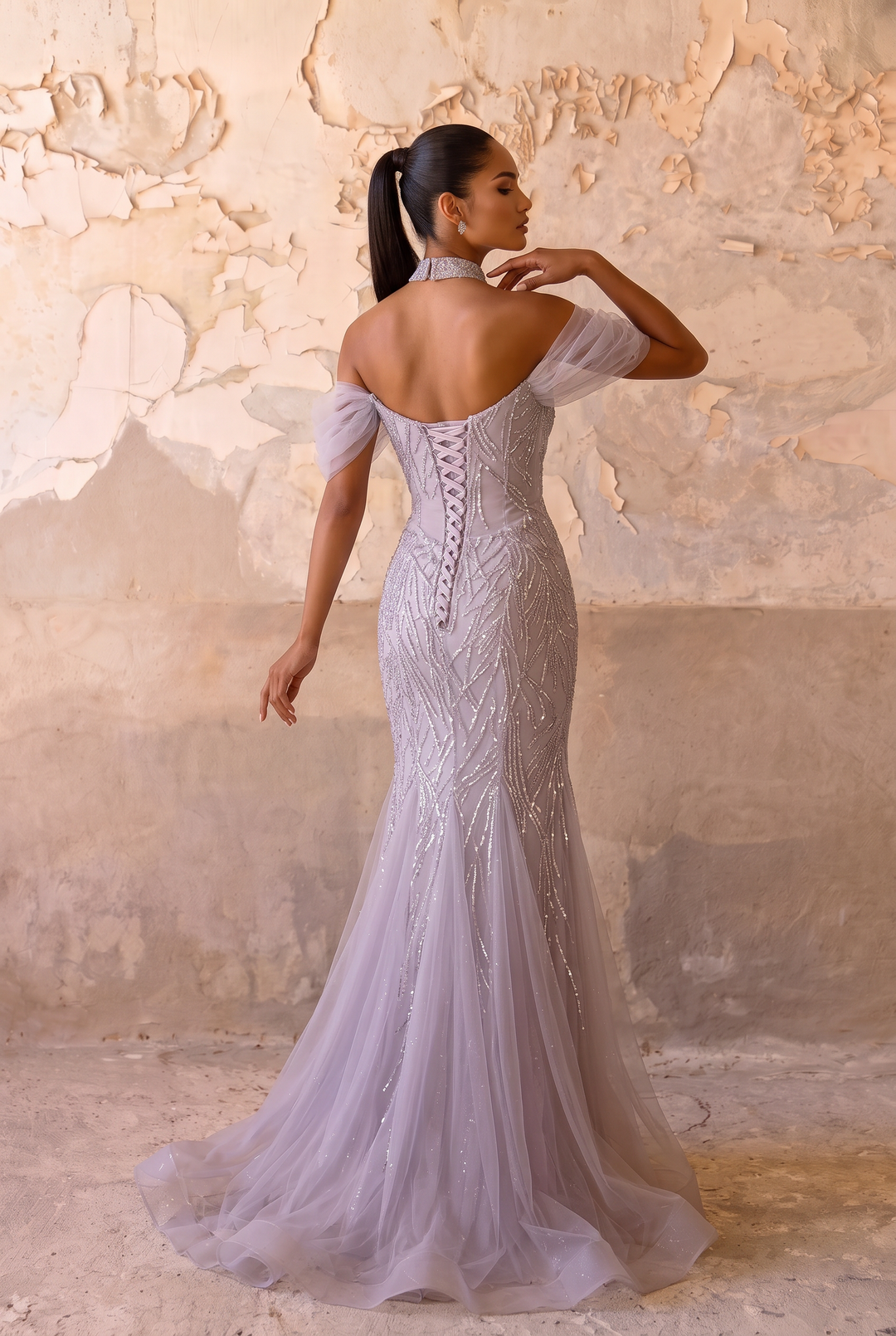 Lavender Wedding Dress Beaded Off-Shoulder Mermaid Gown with Sheer Puff Sleeves Plus Size