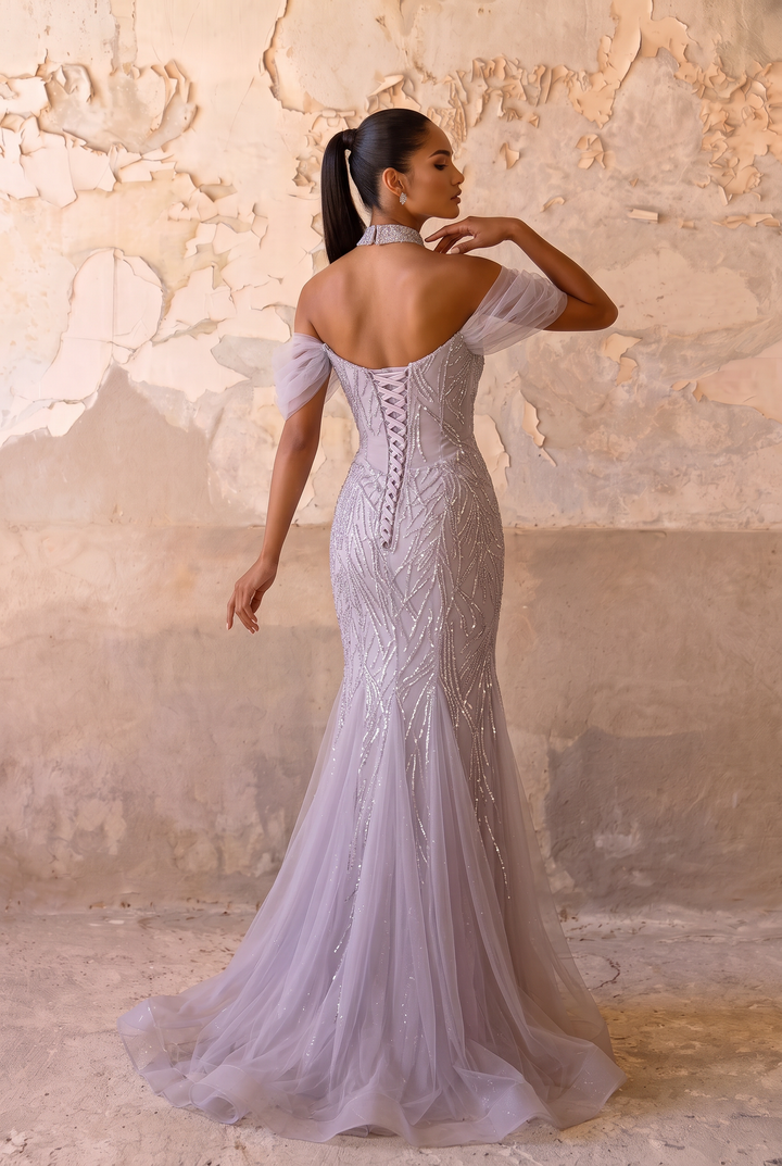 Lavender Wedding Dress Beaded Off-Shoulder Mermaid Gown with Sheer Puff Sleeves Plus Size
