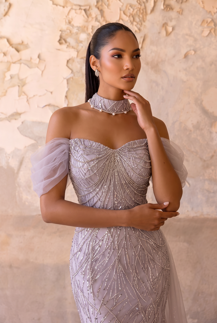 Lavender Wedding Dress Beaded Off-Shoulder Mermaid Gown with Sheer Puff Sleeves Plus Size
