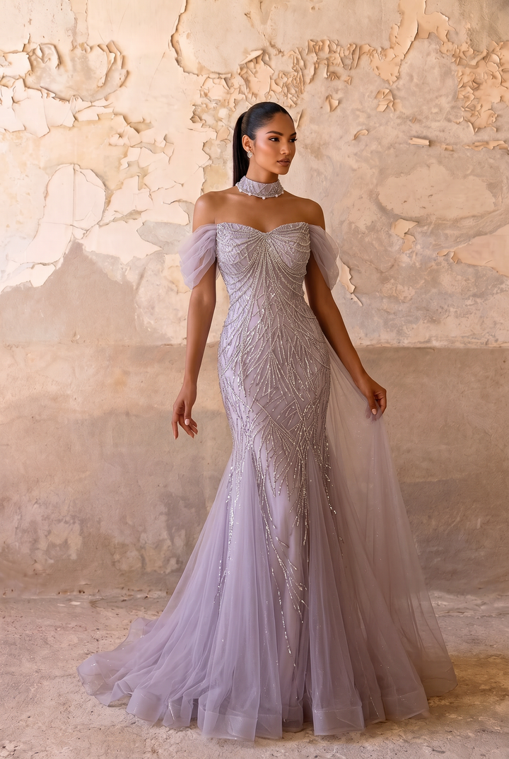 Lavender Wedding Dress Beaded Off-Shoulder Mermaid Gown with Sheer Puff Sleeves Plus Size