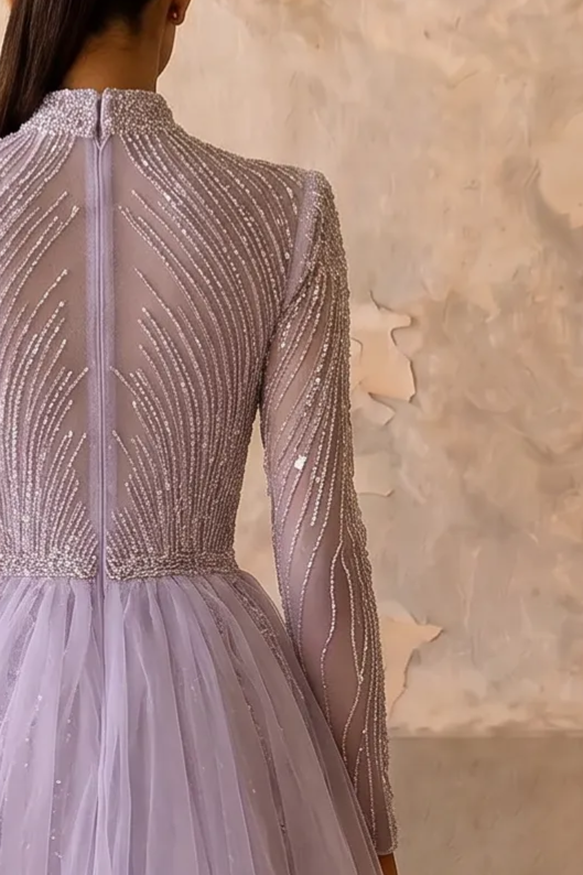Elegant Lilac Sequin and Tulle Evening Gown - Pretty Purple Sequin Dress with Long Sleeves Plus Size