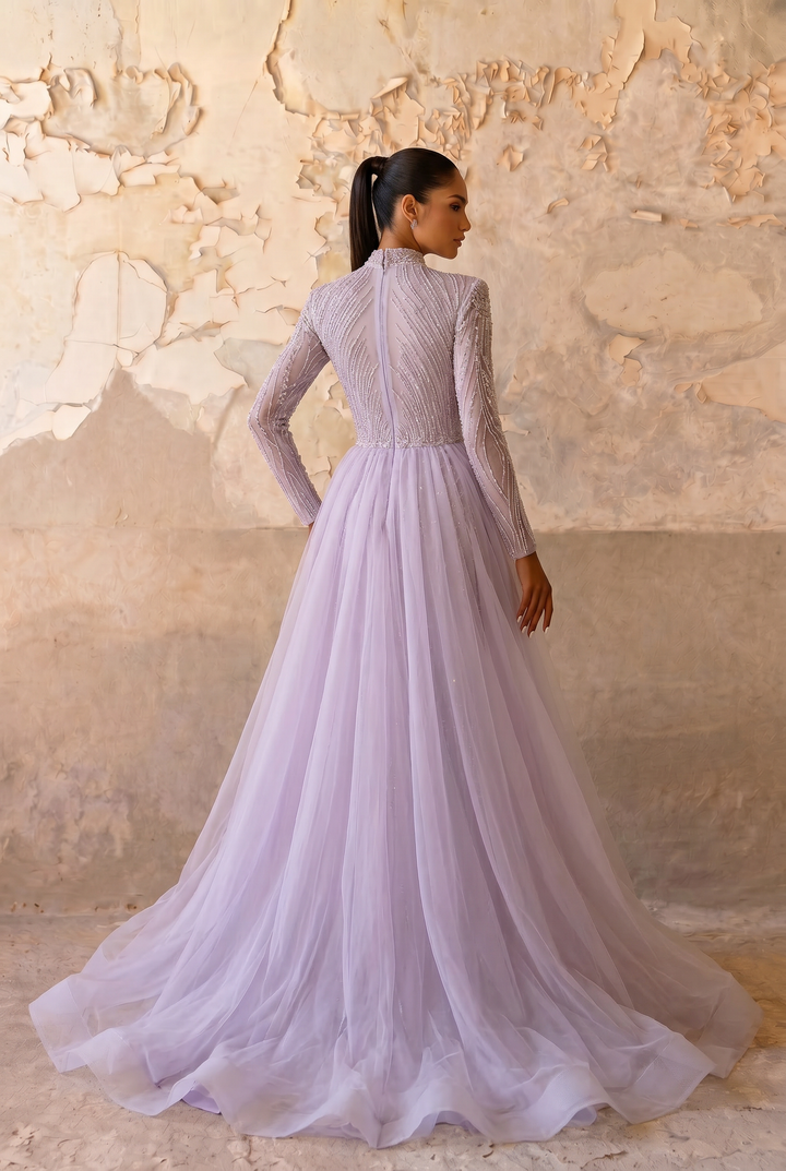 Elegant Lilac Sequin and Tulle Evening Gown - Pretty Purple Sequin Dress with Long Sleeves Plus Size
