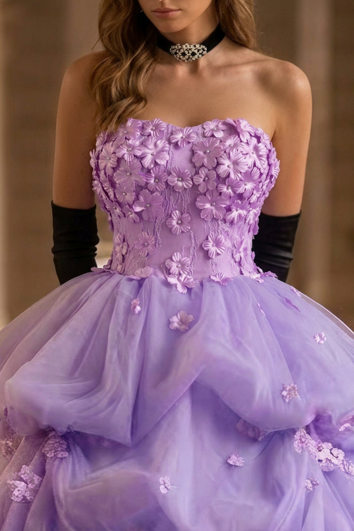 Lavender Floral Tulle Princess Ball Gown Strapless Corset Fairy Evening Dress Romantic Couture Formal Gown Fantasy Prom Dress Plus Size