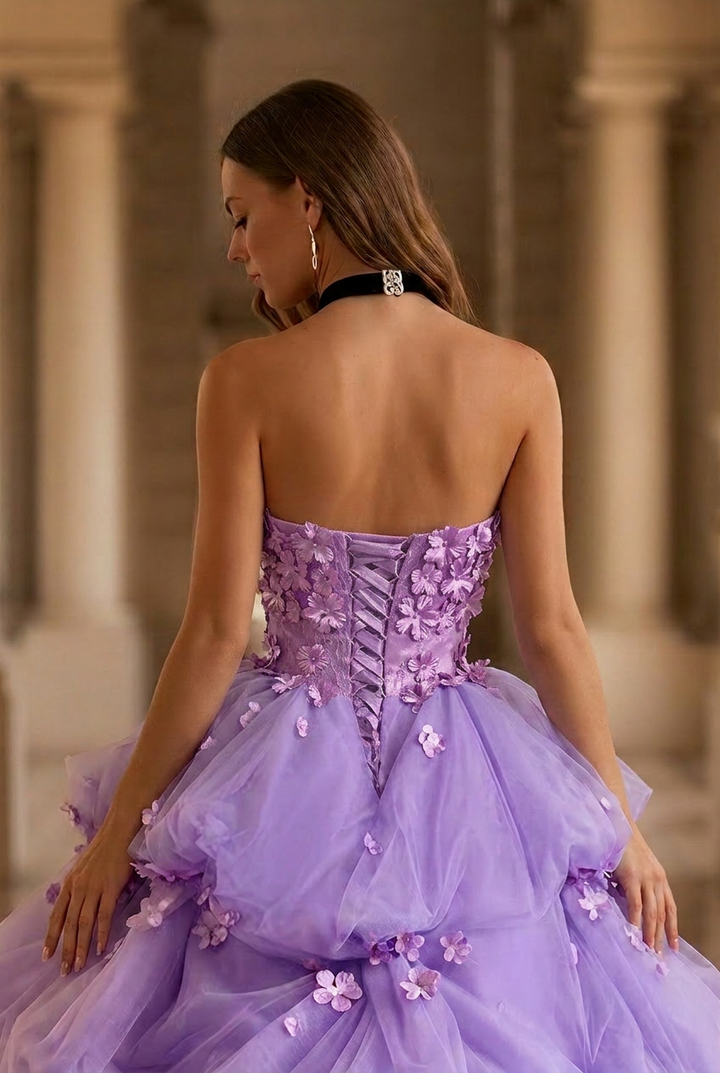 Lavender Floral Tulle Princess Ball Gown Strapless Corset Fairy Evening Dress Romantic Couture Formal Gown Fantasy Prom Dress Plus Size