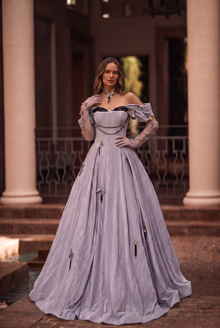 Lavender Purple Evening Dress with Butterfly Appliqué – Velvet Evening Gown with Corset Back and Matching Choker Plus Size