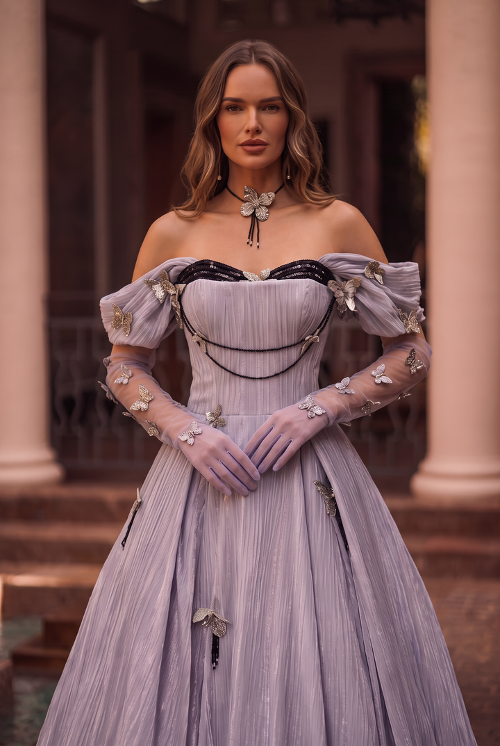 Lavender Purple Evening Dress with Butterfly Appliqué – Velvet Evening Gown with Corset Back and Matching Choker Plus Size
