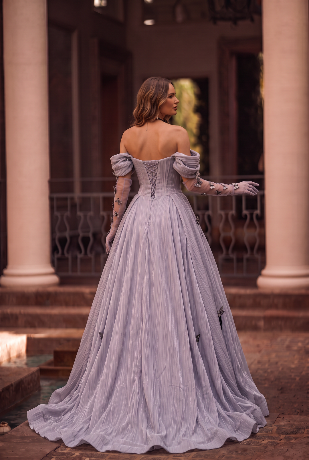 Lavender Purple Evening Dress with Butterfly Appliqué – Velvet Evening Gown with Corset Back and Matching Choker Plus Size