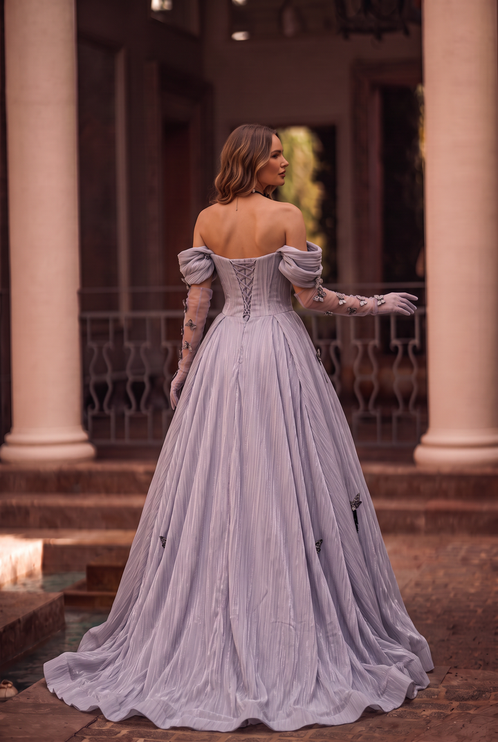 Lavender Purple Evening Dress with Butterfly Appliqué – Velvet Evening Gown with Corset Back and Matching Choker Plus Size