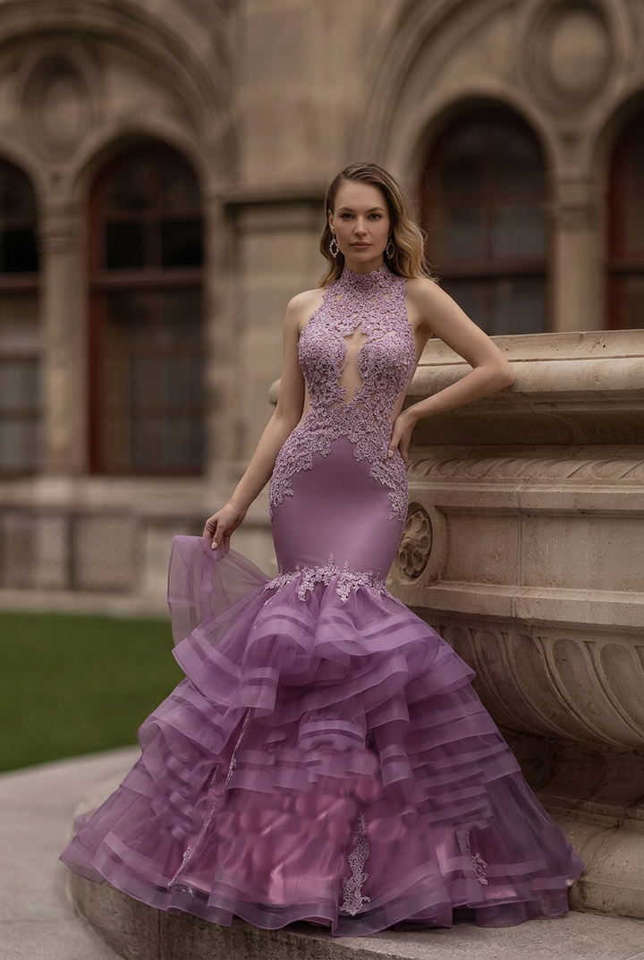 Lavender Purple Lace Mermaid Gothic Wedding Dress