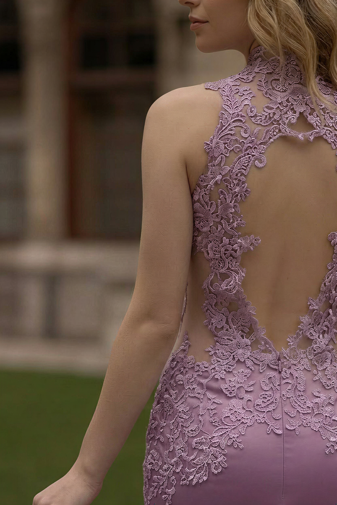 Lavender Purple Lace Mermaid Gothic Wedding Dress - High Neck Halter Lace Wedding Dress with Open Back Plus Size