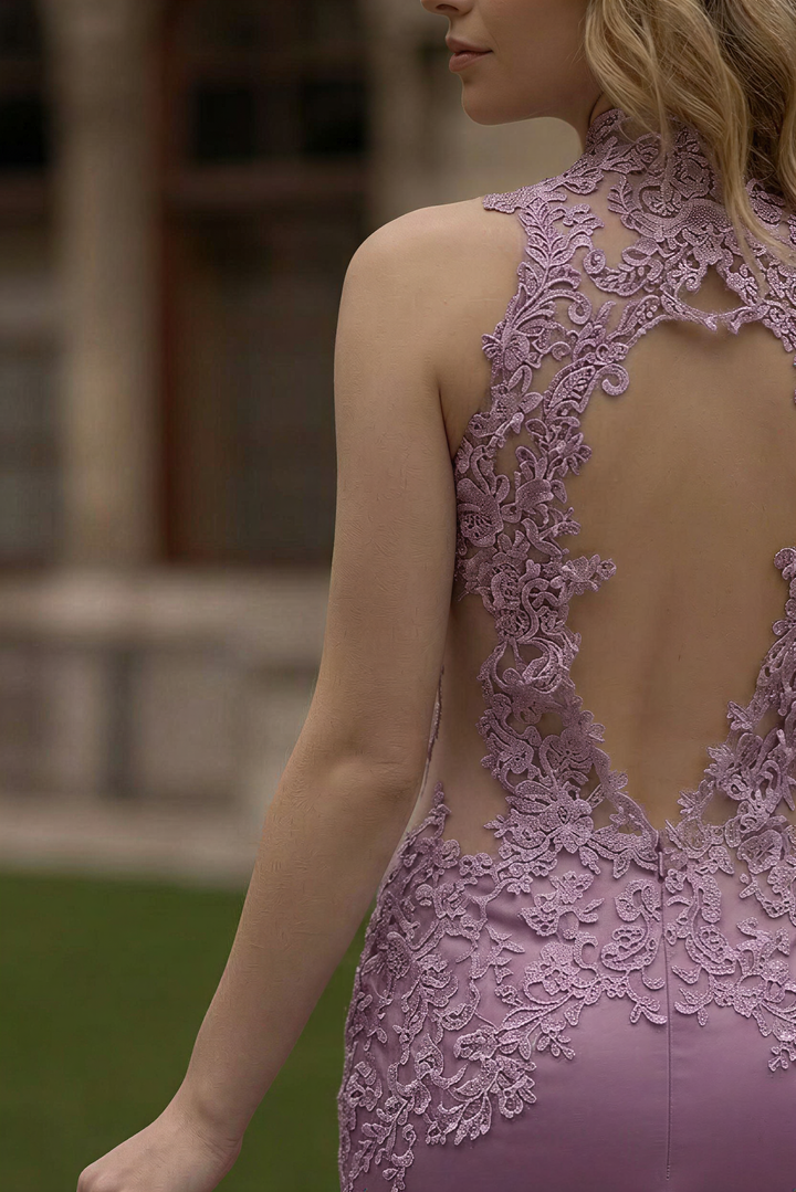 Lavender Purple Lace Mermaid Gothic Wedding Dress - High Neck Halter Lace Wedding Dress with Open Back Plus Size