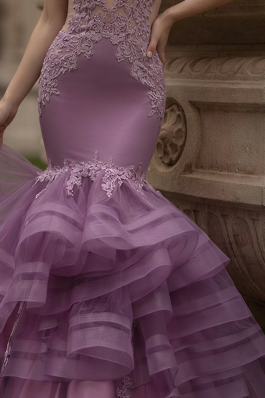 Lavender Purple Lace Mermaid Gothic Wedding Dress - High Neck Halter Lace Wedding Dress with Open Back Plus Size