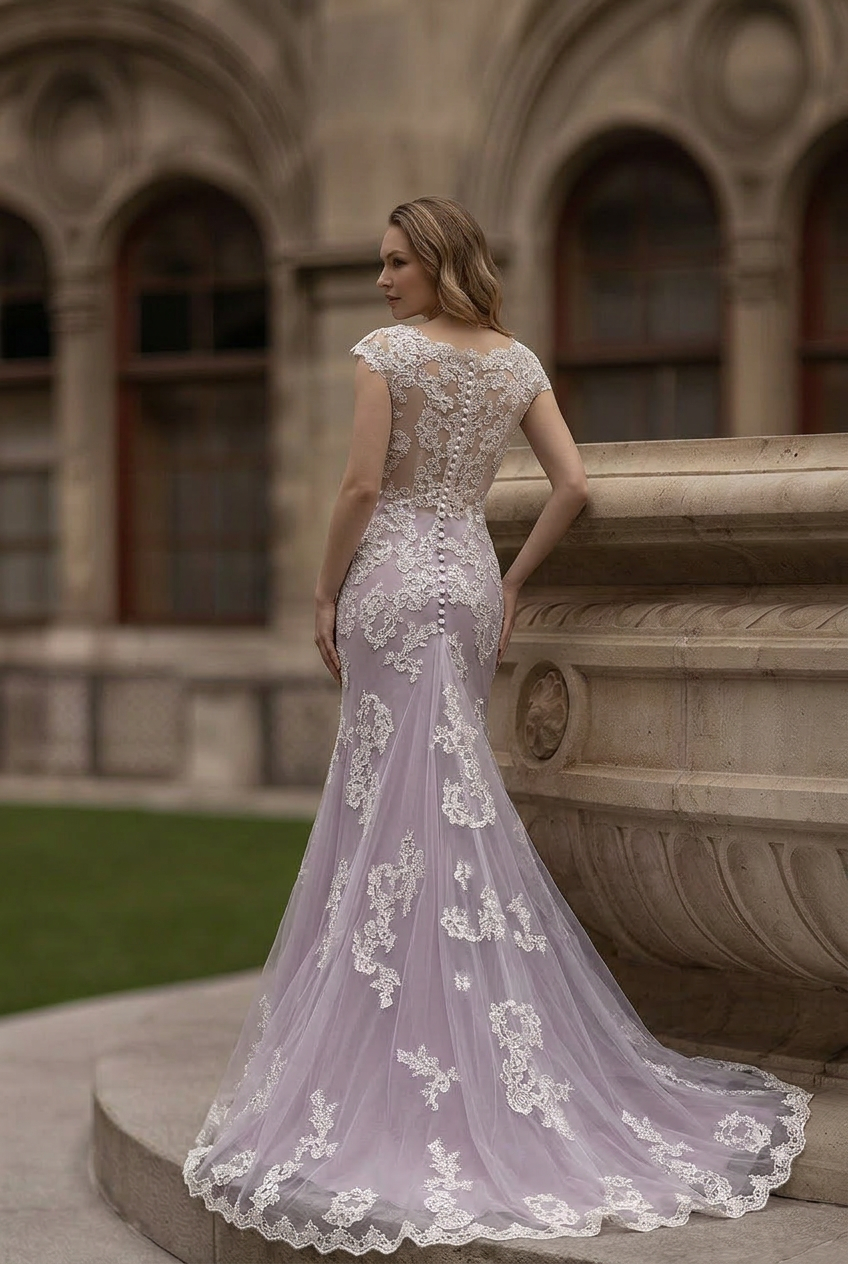 Lavender Purple Lace Tulle Mermaid Wedding Gown with Cap Sleeves