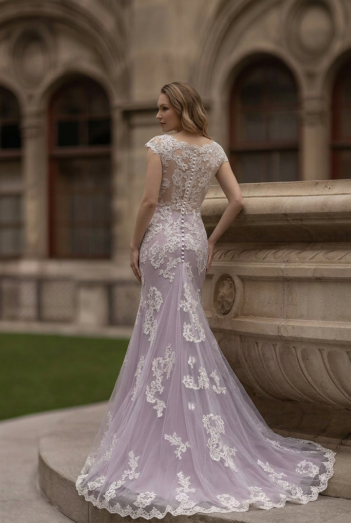 Lavender Purple Lace Tulle Mermaid Wedding Gown with Cap Sleeves - Illusion Neckline Bridal Gown with Tulle Train Plus Size