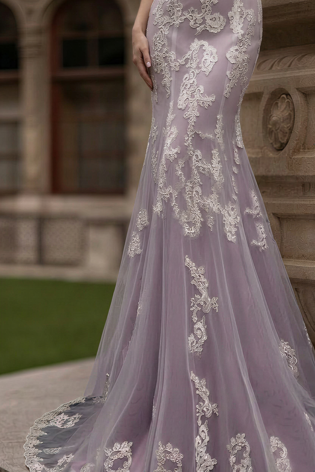 Lavender Purple Lace Tulle Mermaid Wedding Gown with Cap Sleeves - Illusion Neckline Bridal Gown with Tulle Train Plus Size