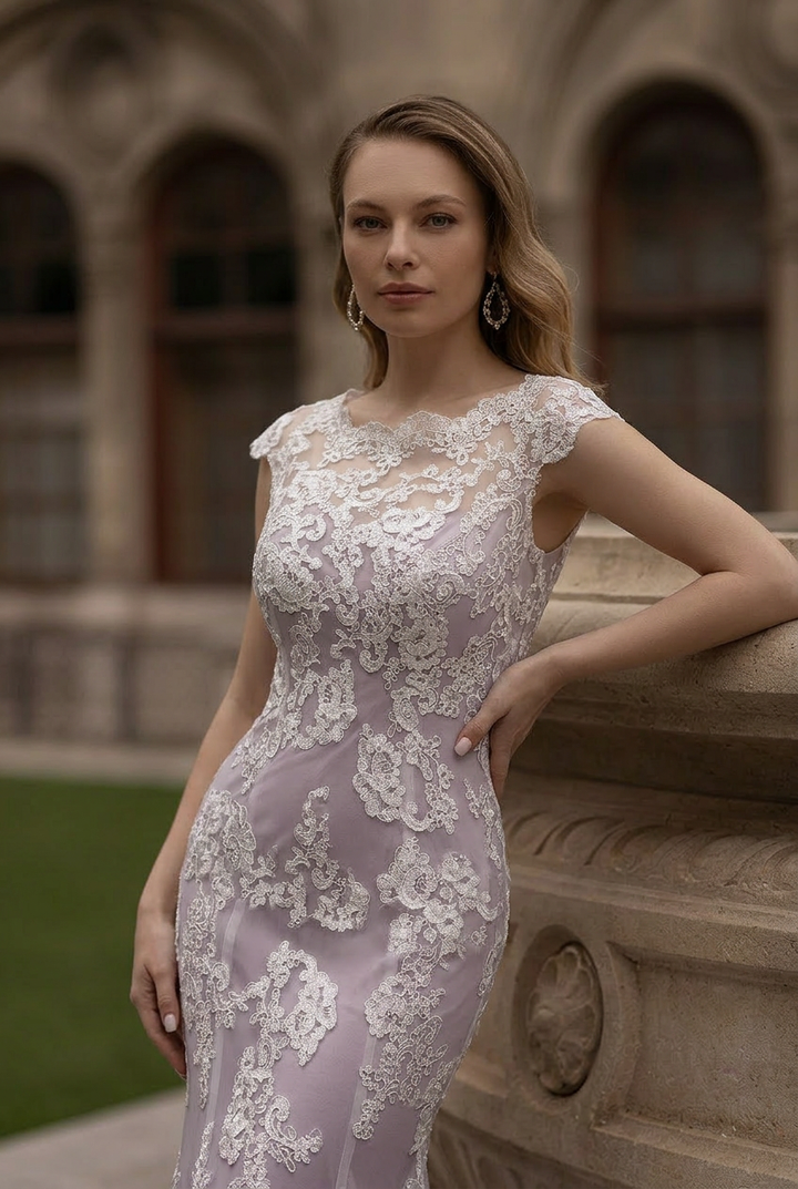 Lavender Purple Lace Tulle Mermaid Wedding Gown with Cap Sleeves - Illusion Neckline Bridal Gown with Tulle Train Plus Size