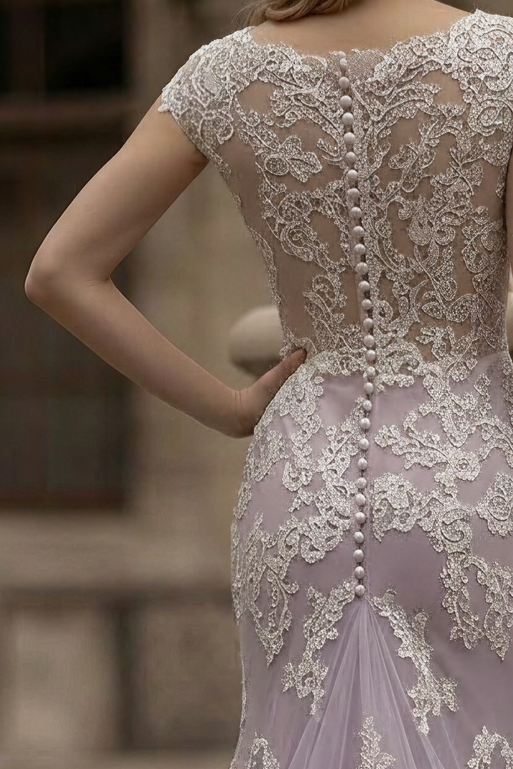 Lavender Purple Lace Tulle Mermaid Wedding Gown with Cap Sleeves - Illusion Neckline Bridal Gown with Tulle Train Plus Size