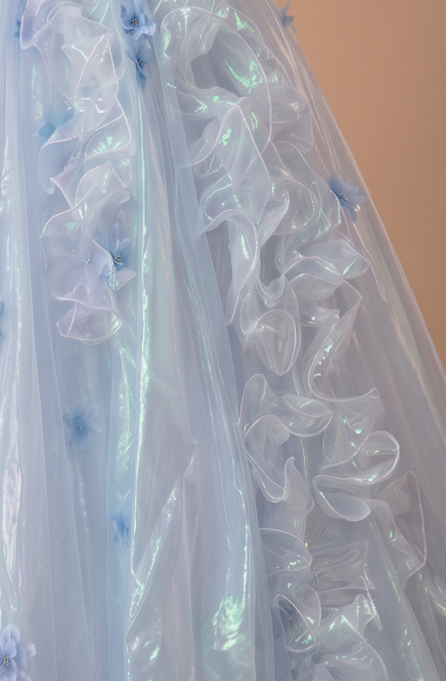 Light Blue Evening Dress with Floral Appliqué Lace Bodice and Iridescent Tulle Ball Gown Skirt Plus Size
