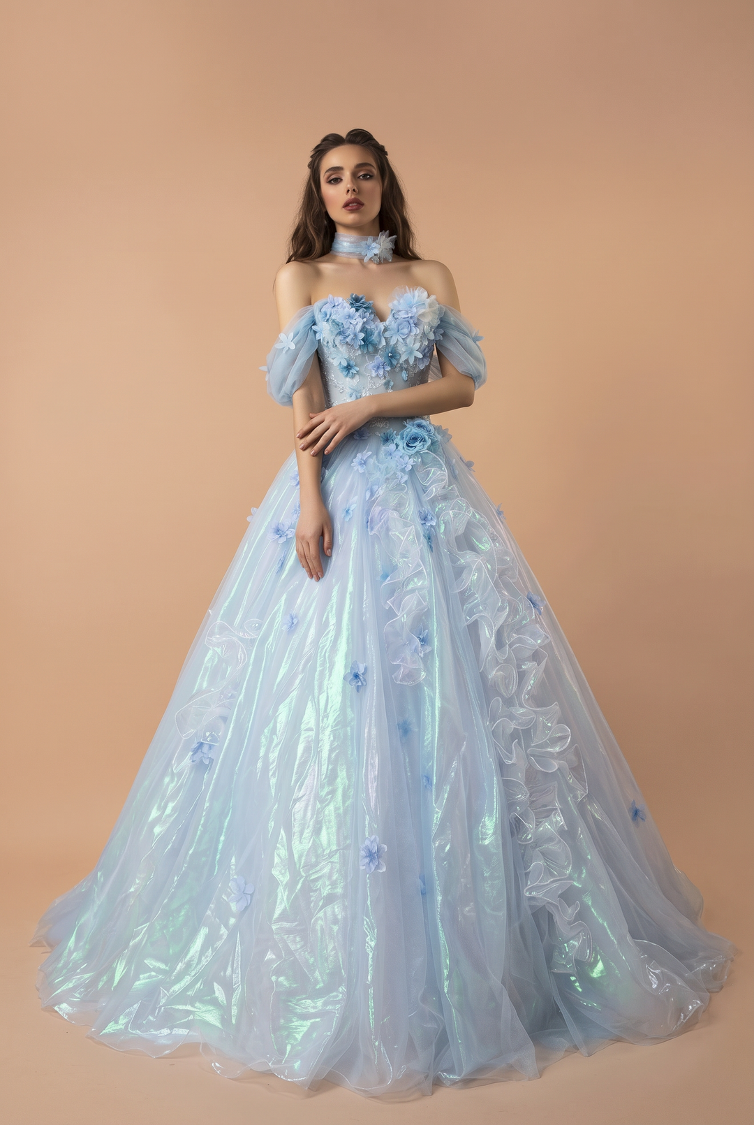 Light Blue Evening Dress with Floral Appliqué Lace Bodice and Iridescent Tulle Ball Gown Skirt Plus Size