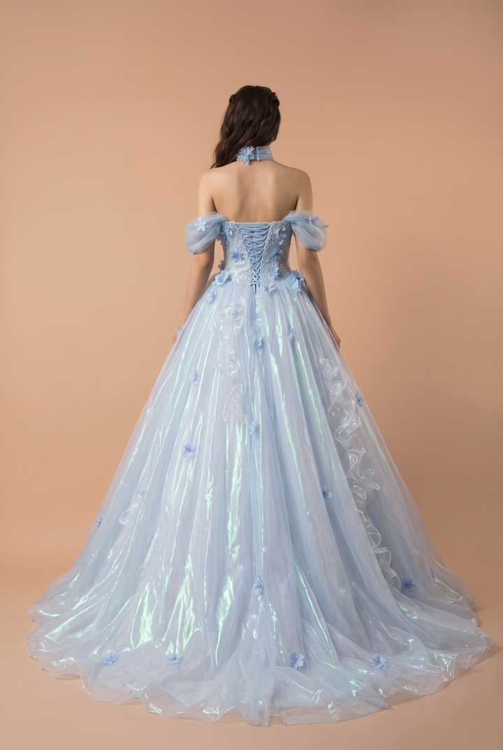 Light Blue Evening Dress with Floral Appliqué Lace Bodice and Iridescent Tulle Ball Gown Skirt Plus Size