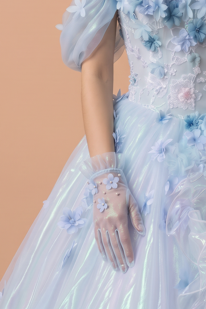Light Blue Evening Dress with Floral Appliqué Lace Bodice and Iridescent Tulle Ball Gown Skirt Plus Size