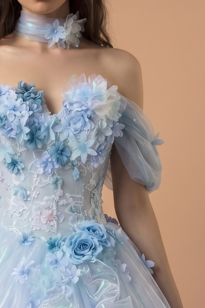 Light Blue Evening Dress with Floral Appliqué Lace Bodice and Iridescent Tulle Ball Gown Skirt Plus Size