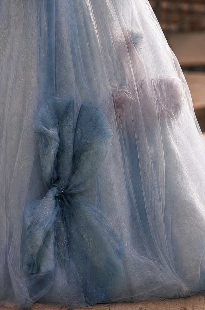 Light Blue Fairy Tale Tulle Gown - Floral Corset Back Wedding Dress Plus Size