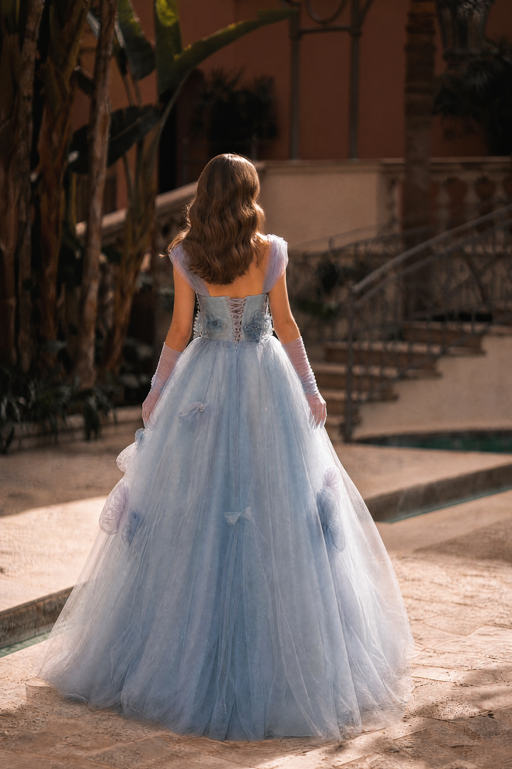 Light Blue Fairy Tale Tulle Gown - Floral Corset Back Wedding Dress Plus Size