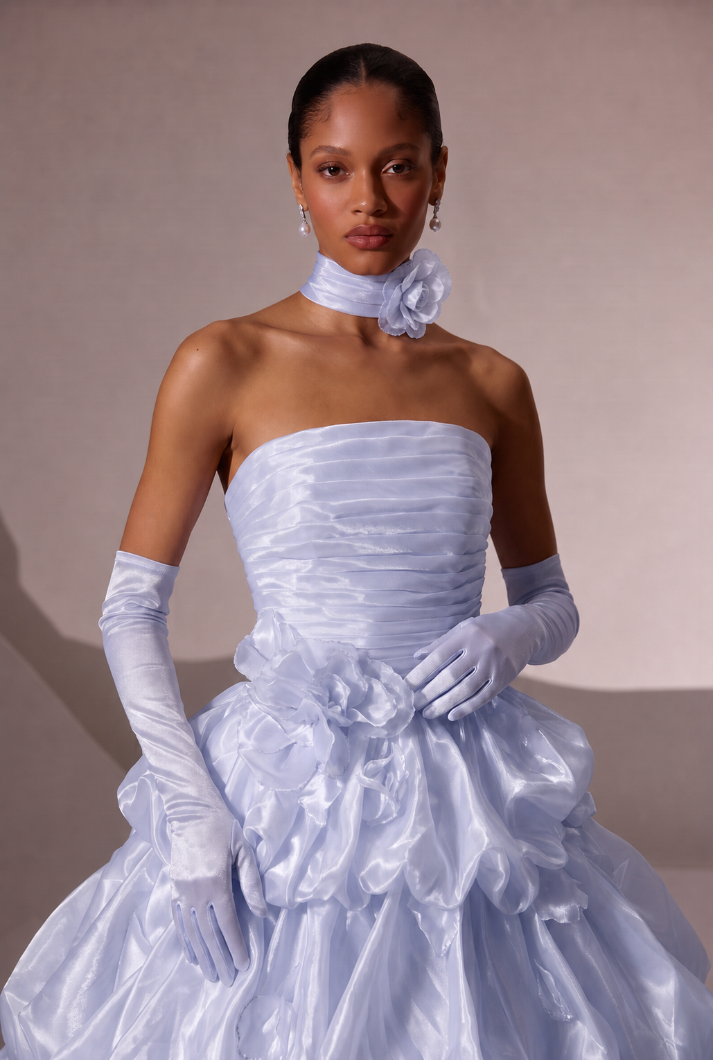 Light Blue Floral Ball Gown Evening Dress with Draped Satin Bodice and Layered Ruffle Skirt Plus Size