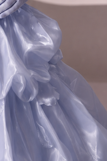 Light Blue Floral Ball Gown Evening Dress with Draped Satin Bodice and Layered Ruffle Skirt Plus Size