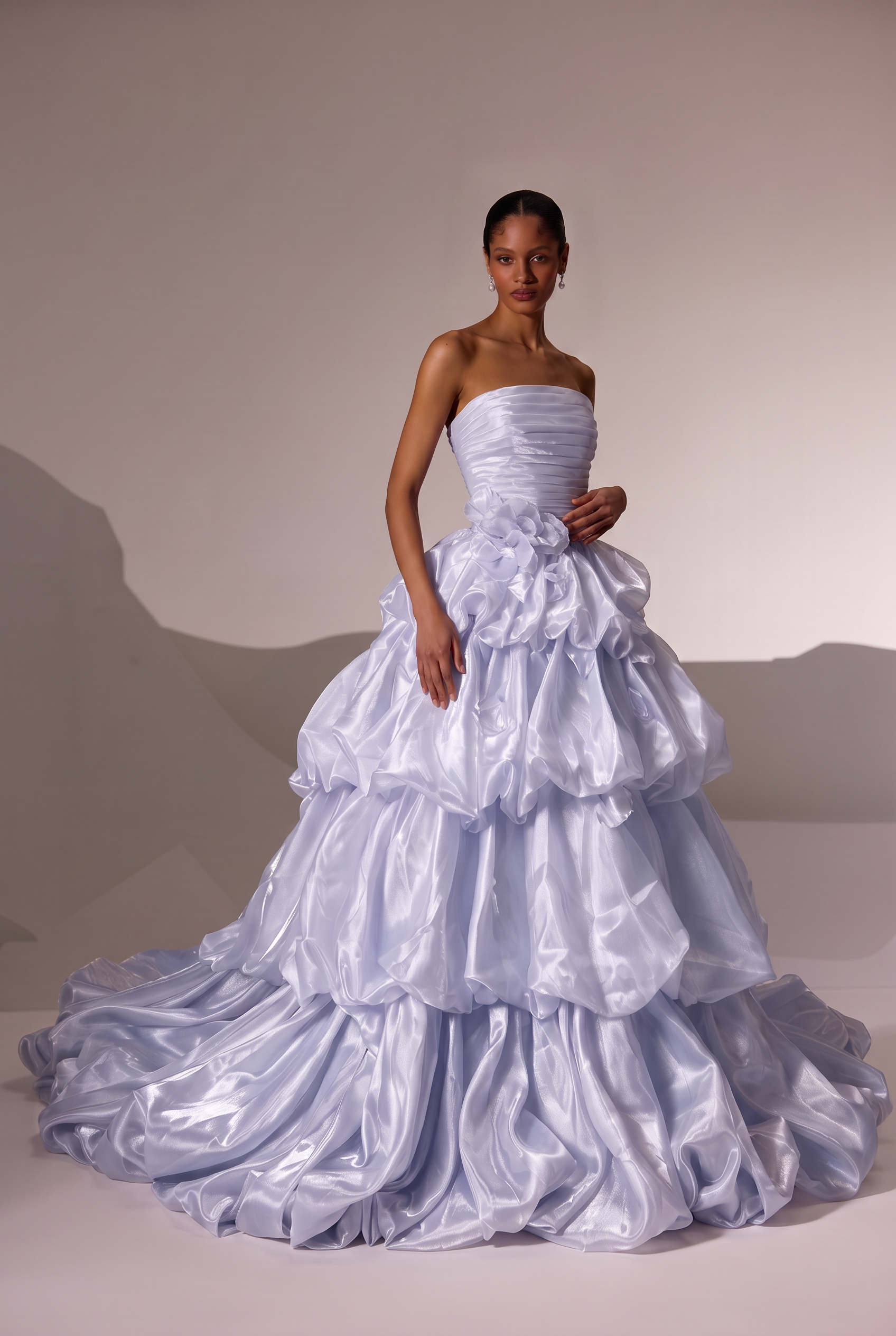 Light Blue Floral Ball Gown Evening Dress with Draped Satin Bodice and ...