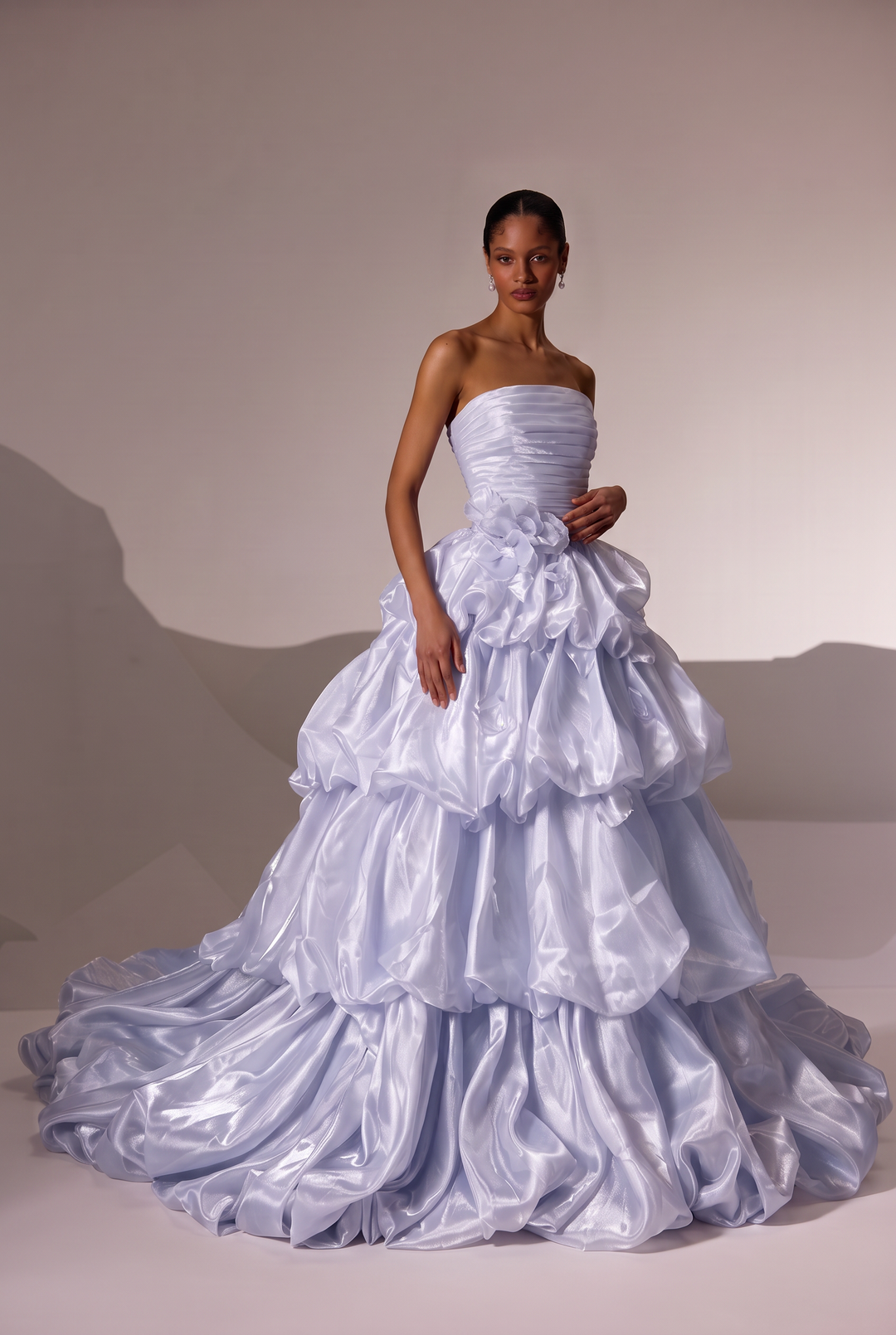 Light Blue Floral Ball Gown Evening Dress with Draped Satin Bodice and Layered Ruffle Skirt Plus Size