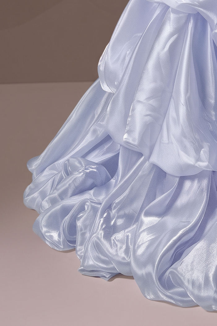 Light Blue Floral Ball Gown Evening Dress with Draped Satin Bodice and Layered Ruffle Skirt Plus Size