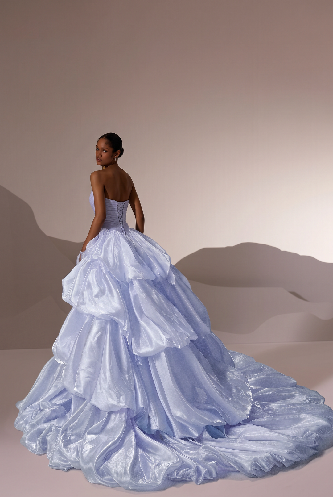 Light Blue Floral Ball Gown Evening Dress with Draped Satin Bodice and Layered Ruffle Skirt Plus Size