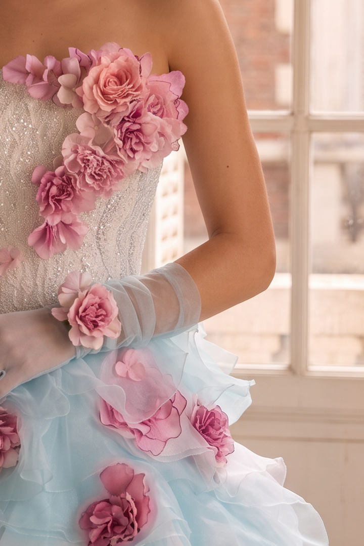 Light Blue Floral Ball Gown Evening Dress with Lace Bodice and Layered Tulle Skirt Plus Size