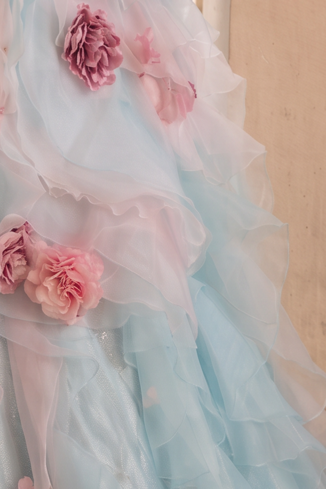 Light Blue Floral Ball Gown Evening Dress with Lace Bodice and Layered Tulle Skirt Plus Size
