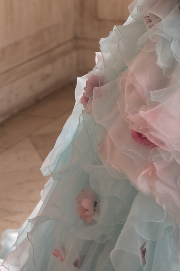 Light Blue Floral Ball Gown Evening Dress with Lace Bodice and Layered Tulle Skirt Plus Size