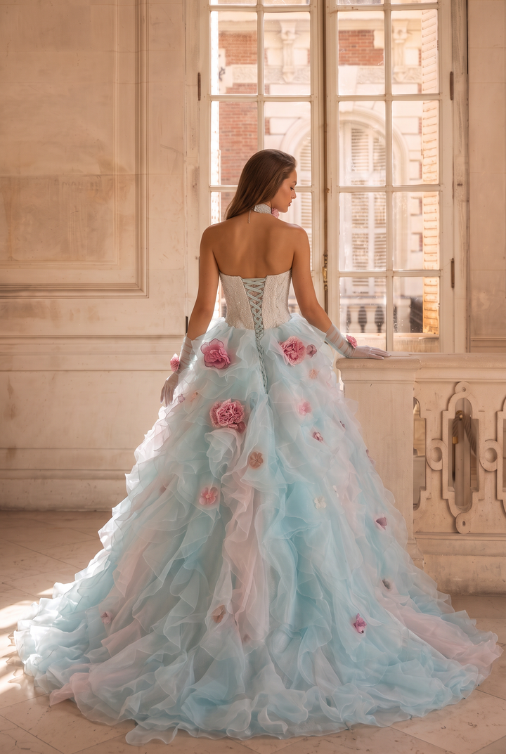 Light Blue Floral Ball Gown Evening Dress with Lace Bodice and Layered Tulle Skirt Plus Size