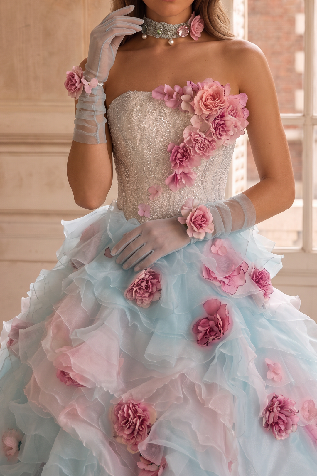 Light Blue Floral Ball Gown Evening Dress with Lace Bodice and Layered Tulle Skirt Plus Size