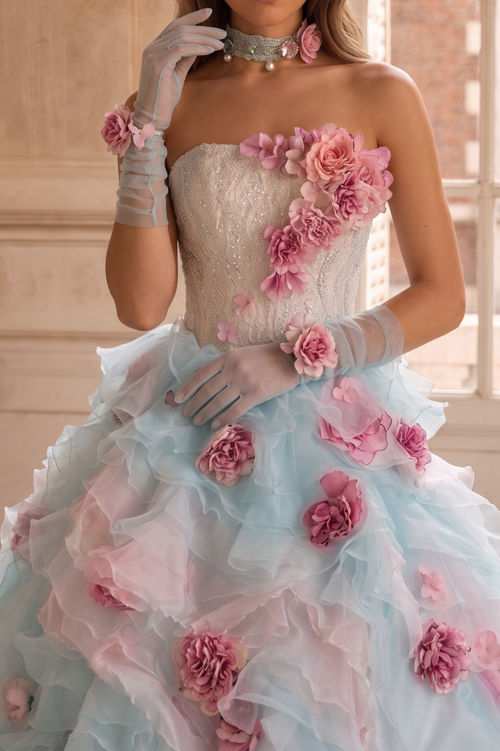 Light Blue Floral Ball Gown Evening Dress with Lace Bodice and Layered Tulle Skirt Plus Size