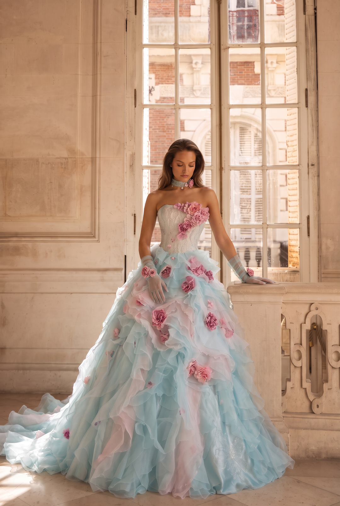 Light Blue Floral Ball Gown Evening Dress with Lace Bodice and Layered Tulle Skirt Plus Size