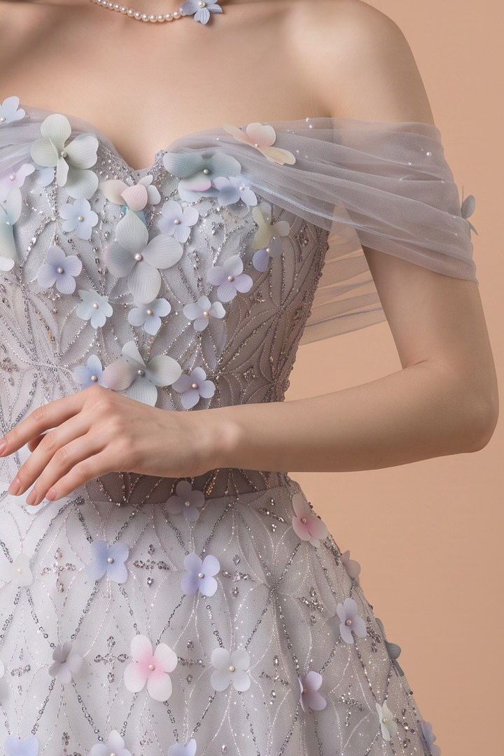 Light Blue Floral Ball Gown with Off-Shoulder Tulle Sleeves, 3D Flower Appliqué and Embroidered Tulle Skirt Plus Size