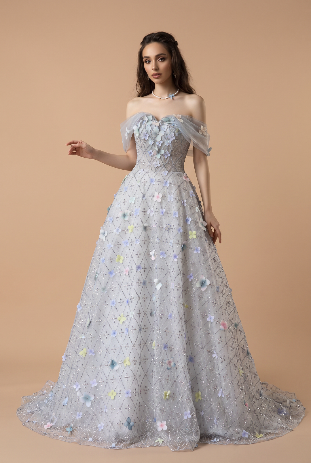 Light Blue Floral Ball Gown with Off-Shoulder Tulle Sleeves, 3D Flower Appliqué and Embroidered Tulle Skirt Plus Size