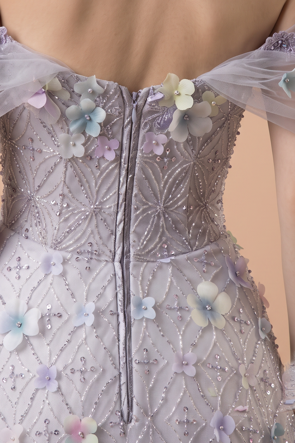 Light Blue Floral Ball Gown with Off-Shoulder Tulle Sleeves, 3D Flower Appliqué and Embroidered Tulle Skirt Plus Size
