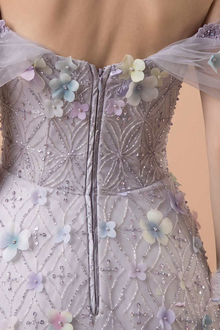 Light Blue Floral Ball Gown with Off-Shoulder Tulle Sleeves, 3D Flower Appliqué and Embroidered Tulle Skirt Plus Size