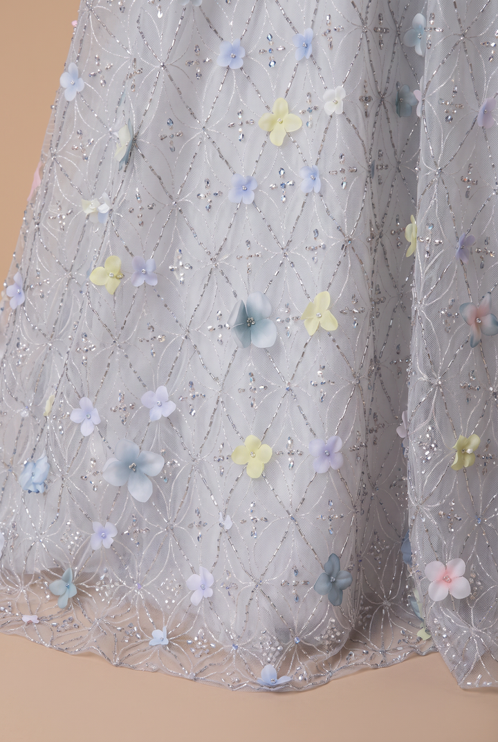 Light Blue Floral Ball Gown with Off-Shoulder Tulle Sleeves, 3D Flower Appliqué and Embroidered Tulle Skirt Plus Size