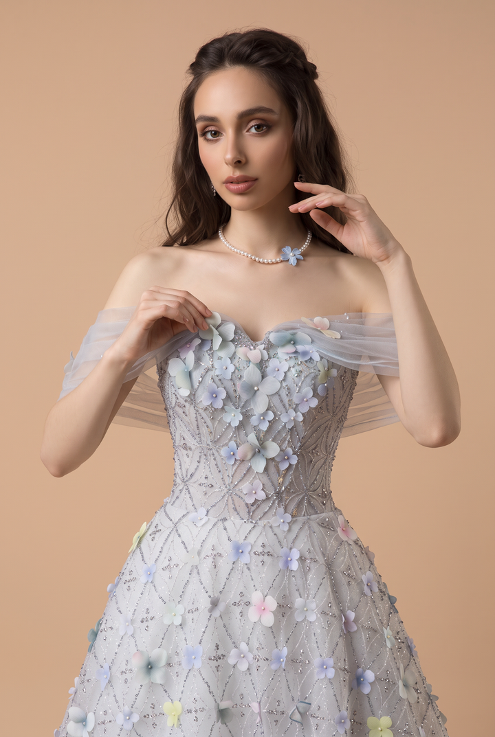 Light Blue Floral Ball Gown with Off-Shoulder Tulle Sleeves, 3D Flower Appliqué and Embroidered Tulle Skirt Plus Size