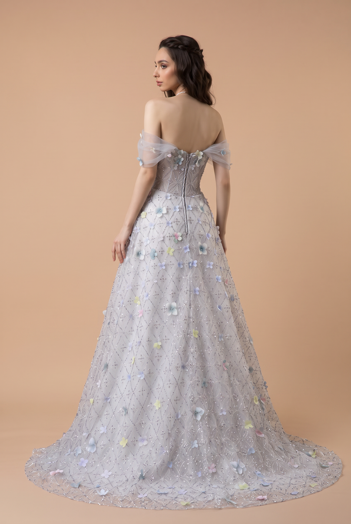 Light Blue Floral Ball Gown with Off-Shoulder Tulle Sleeves, 3D Flower Appliqué and Embroidered Tulle Skirt Plus Size